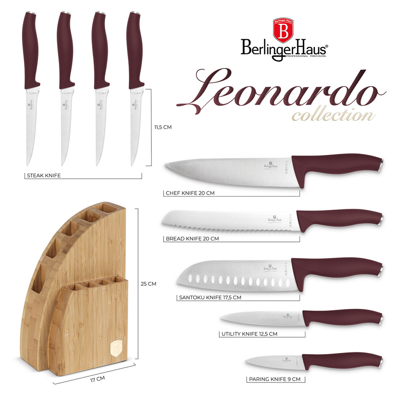 Set 9 cutite cu suport Berlinger Haus, Leonardo, inox/bambus, visiniu mat/natur - imagine 7