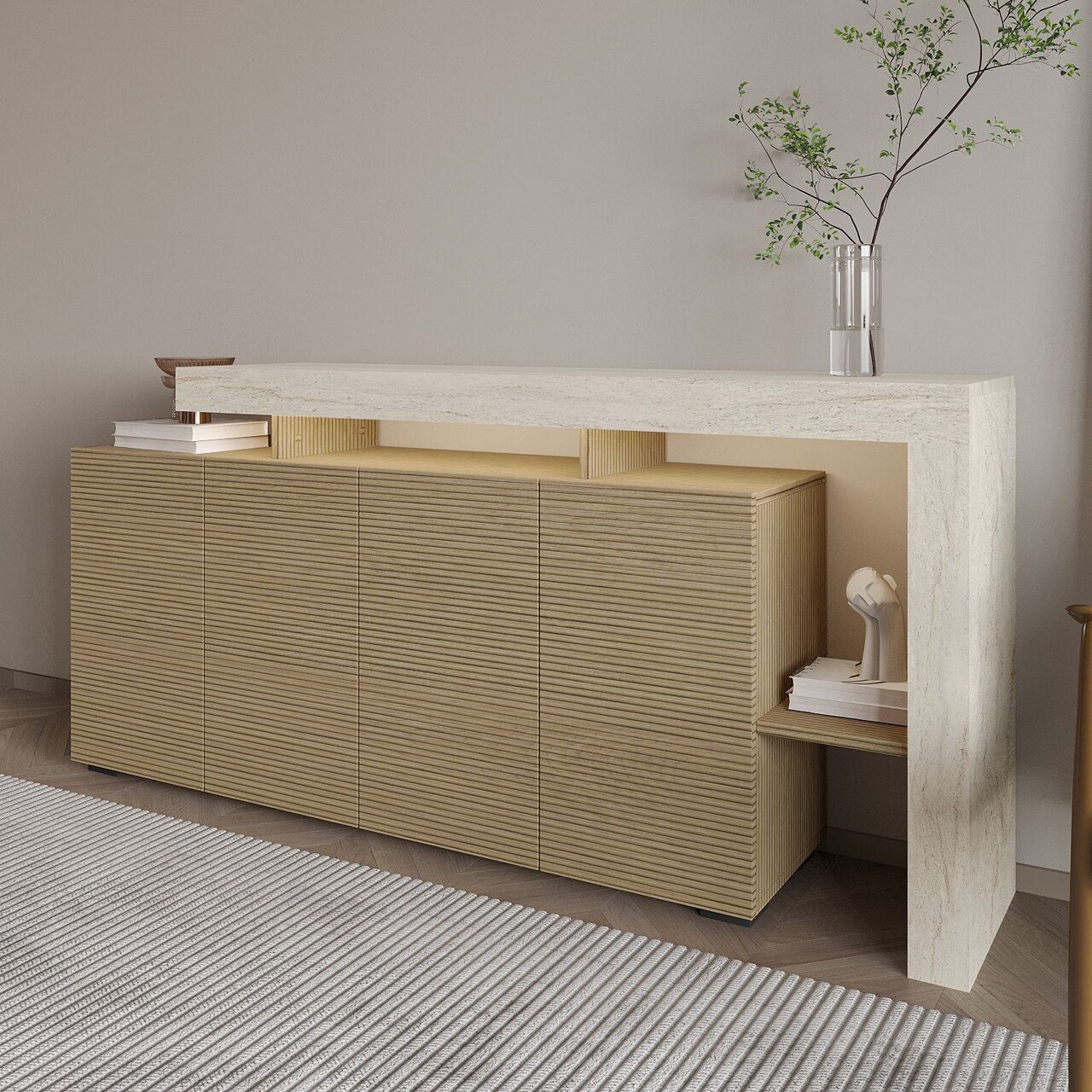 Consola, Hanah Home, Beliz, 170x80x35 cm, Travertin / Stejar cald - view 5