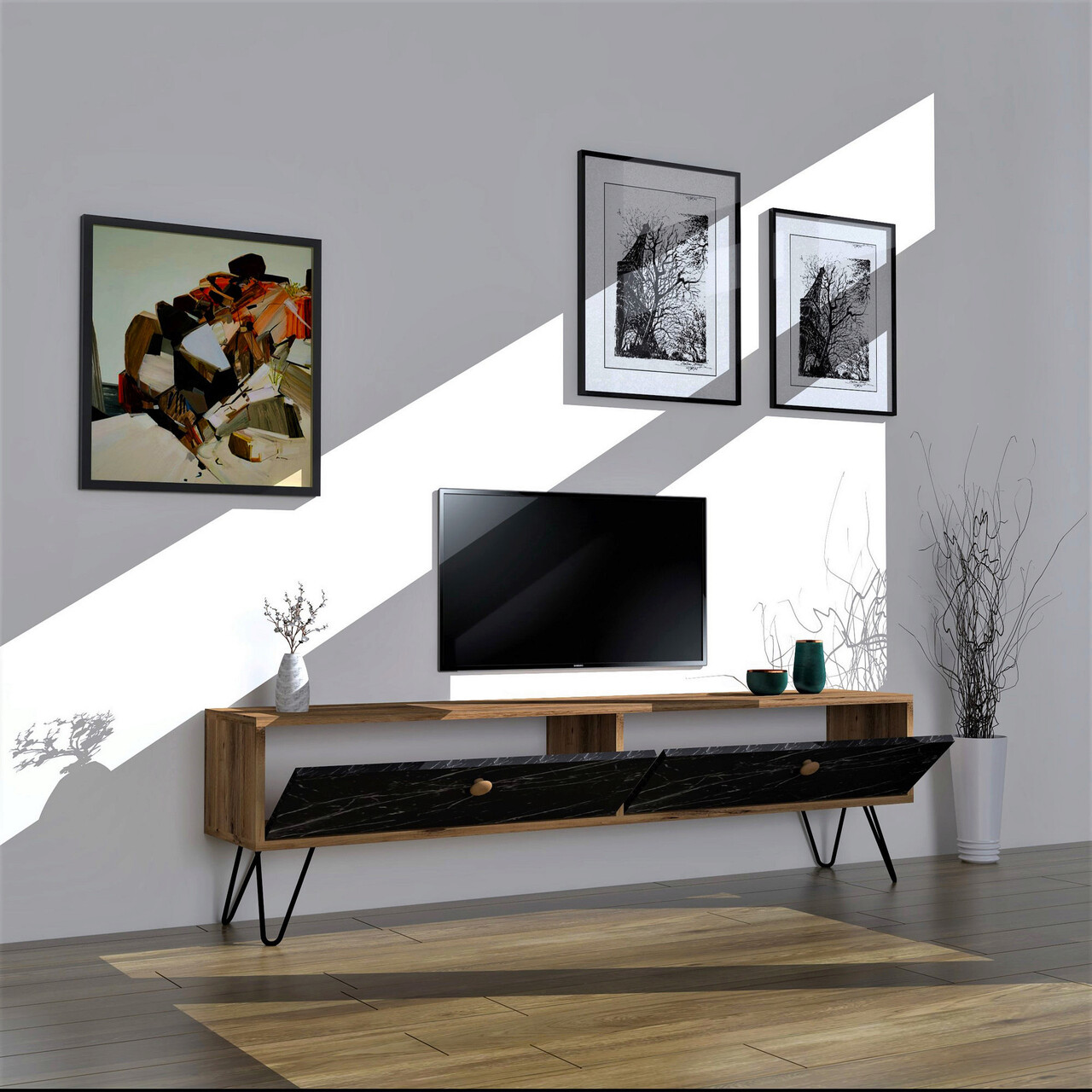 Comoda TV, Hanah Home, Side, 160x45x29.6 cm, Pin Atlantic / Negru - view 2