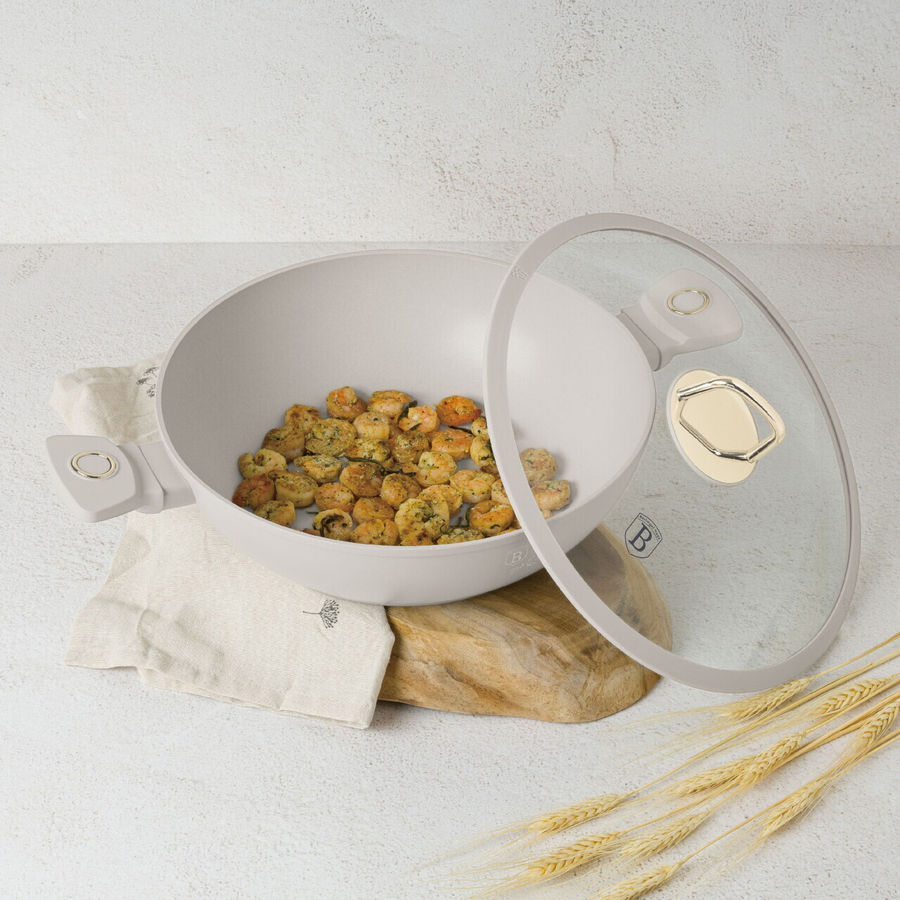 Tigaie Wok cu capac Berlinger Haus, Sahara, 30 cm, aluminiu forjat, crem mat - imagine 3