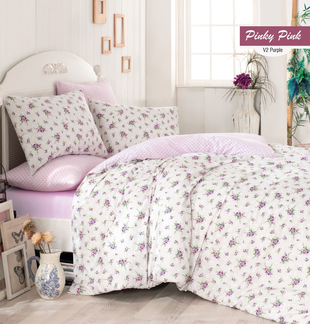 Lenjerie De Pat Dubla Pinky Pink, Majoli Home Collection, 4 Piese, 200x220 Cm, 100% Bumbac Ranforce, Lila