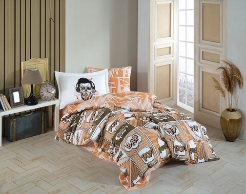 Lenjerie de pat pentru o persoana, 3 piese, 160x220 cm, 100% bumbac poplin, hobby, wow sephia, multicolor