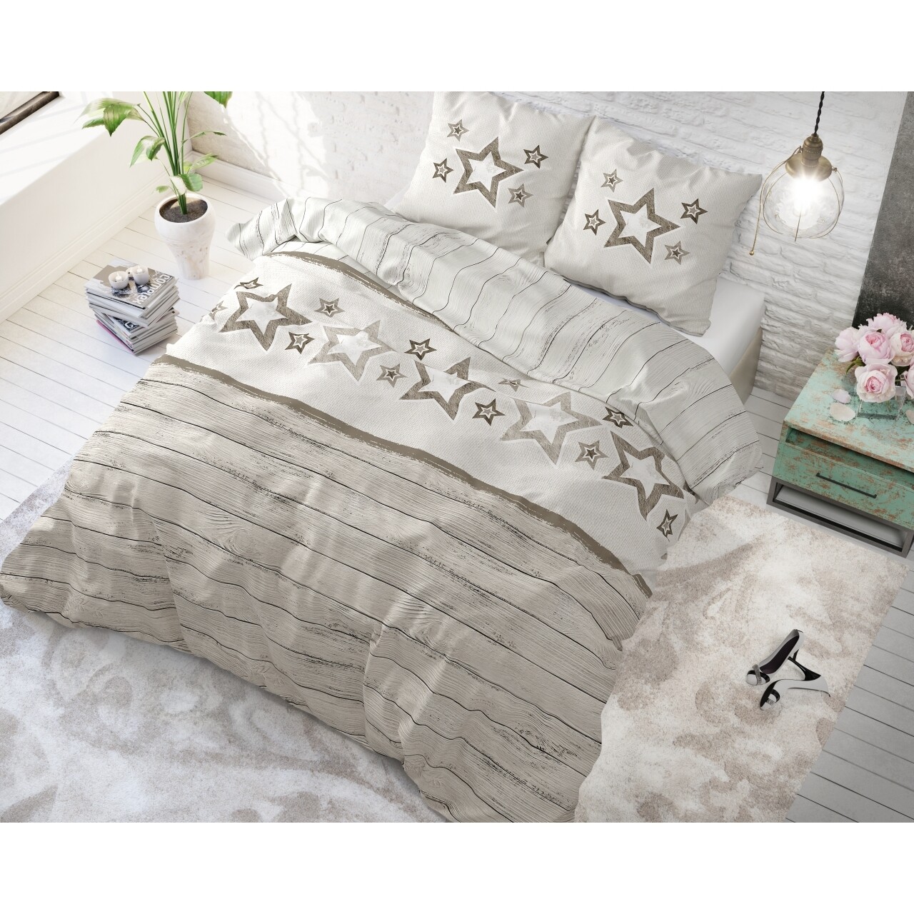 Lenjerie De Pat Pentru Doua Persoane Stars And Stars Taupe, Sleeptime,  Amestec Bumbac