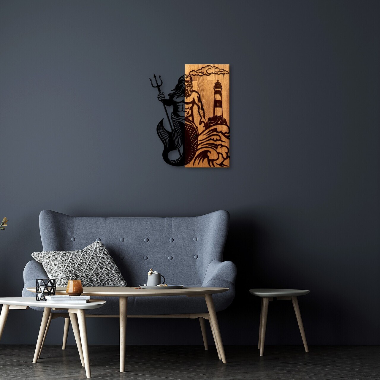 Decoratiune de perete, Poseidon, Lățime: 45 cm, Nuc / Negru — imaginea 3