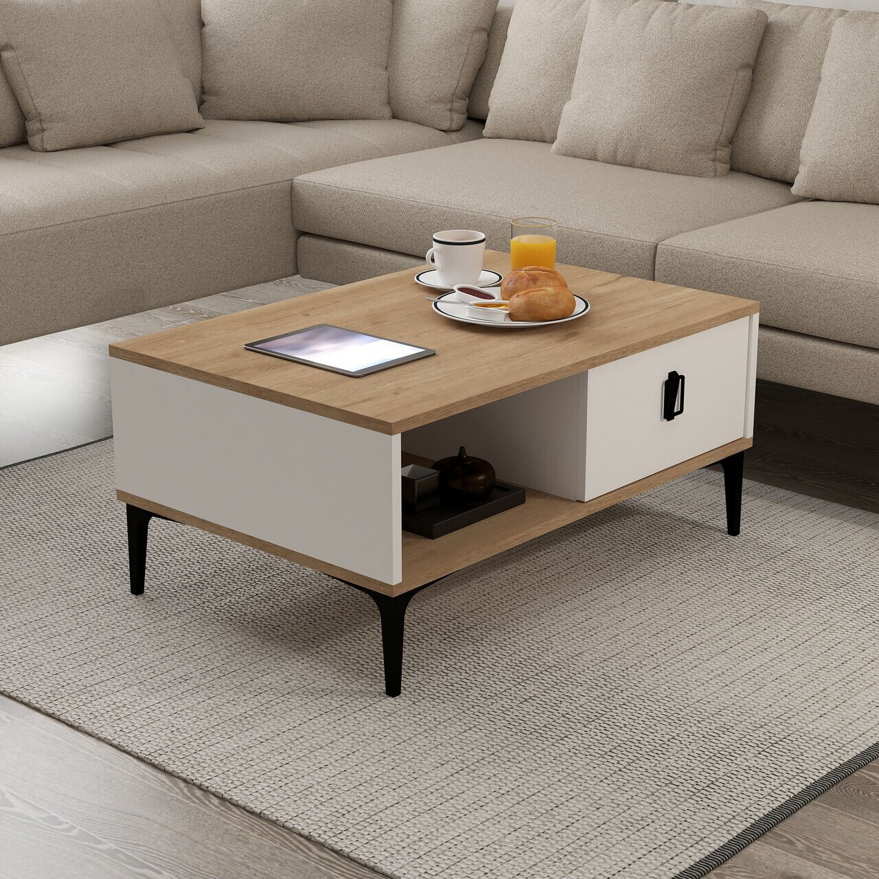 Masuta de cafea, Hanah Home, Sare 2002, 90x41.5x60 cm, PAL, Stejar Safir / Alb — imaginea 3