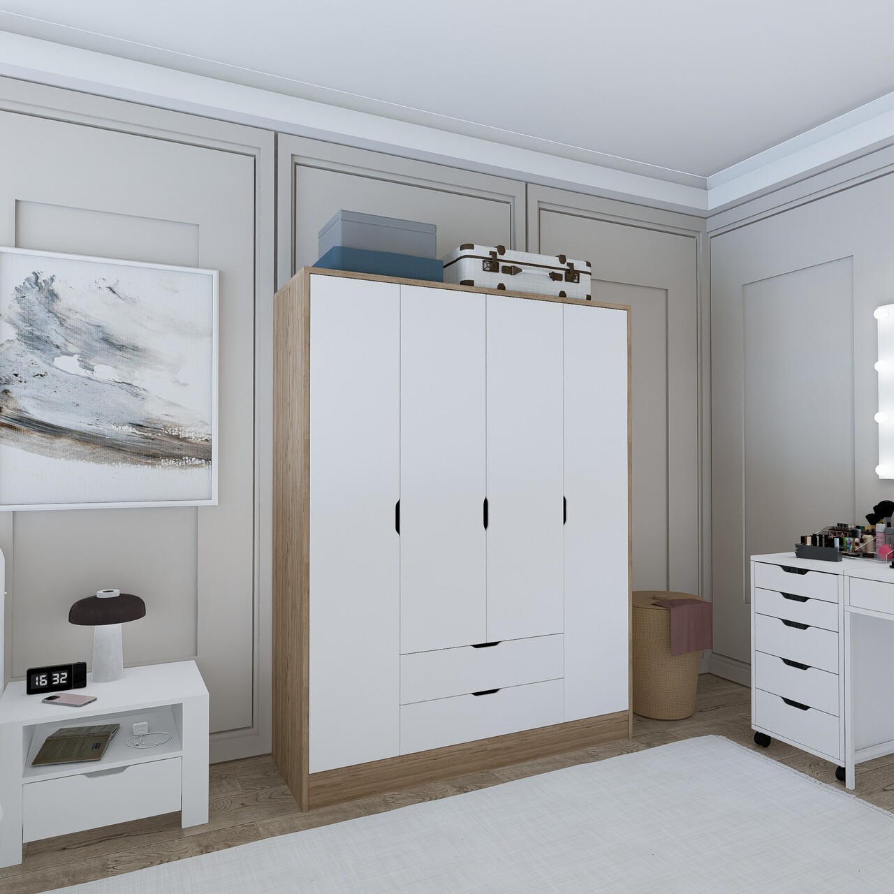 Dulap pentru haine, Miwood, Nisan 1600-018, Nuc deschis / Alb - 1 | YEO