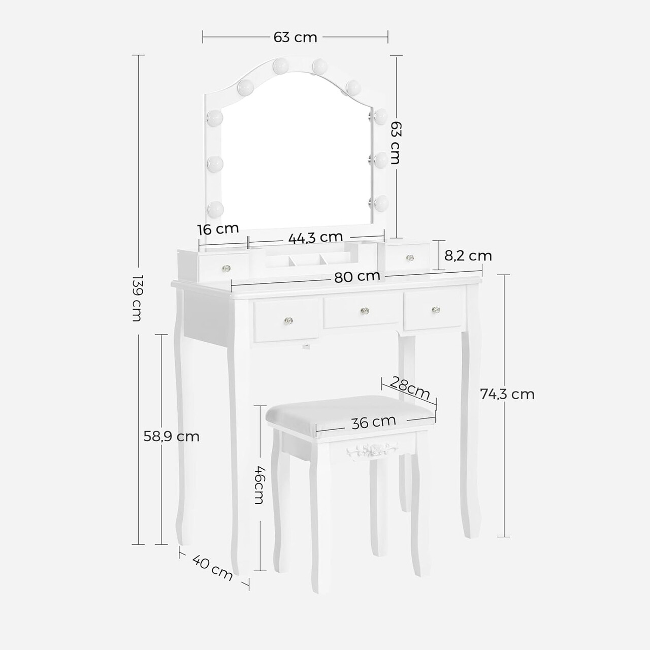 Masa de toaleta cu taburet si oglinda cu LED-uri / masuta dressing, Vasagle, 80x40x139 cm, MDF/lemn de pin/lemn de cauciuc, alb