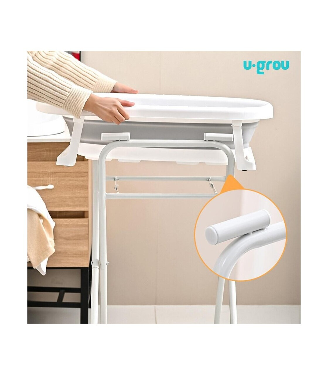 Cadita pliabila cu suport metalic si termometru U-grow, 85x47x21.5 cm, metal, alb/gri - imagine 7