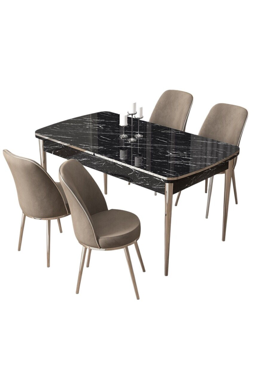 Set masa extensibila si scaune (5 piese), Hanah Home, Pale, Model de marmură neagră / Crom / Cappuccino — imaginea 2