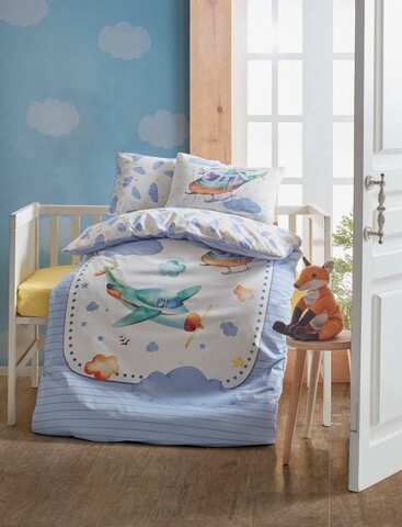 Lenjerie de pat pentru copii, 4 piese, 100×150 cm, 100% bumbac ranforce, Cotton Box, Air Plane, albastru