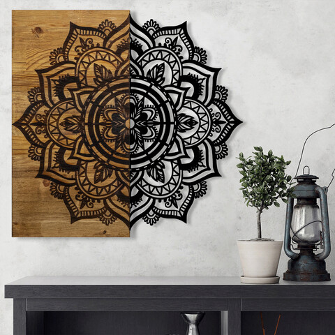 Decoratiune de perete, mandala 6, metal/lemn, dimensiune: 59 x 3 x 58 cm, nuc / negru