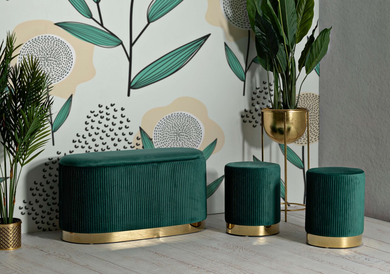 Set bancheta si 2 taburete Shopy, Mauro Ferretti, 80x37x42 cm, 29x35 cm, fier/MDf/poliester, verde/auriu