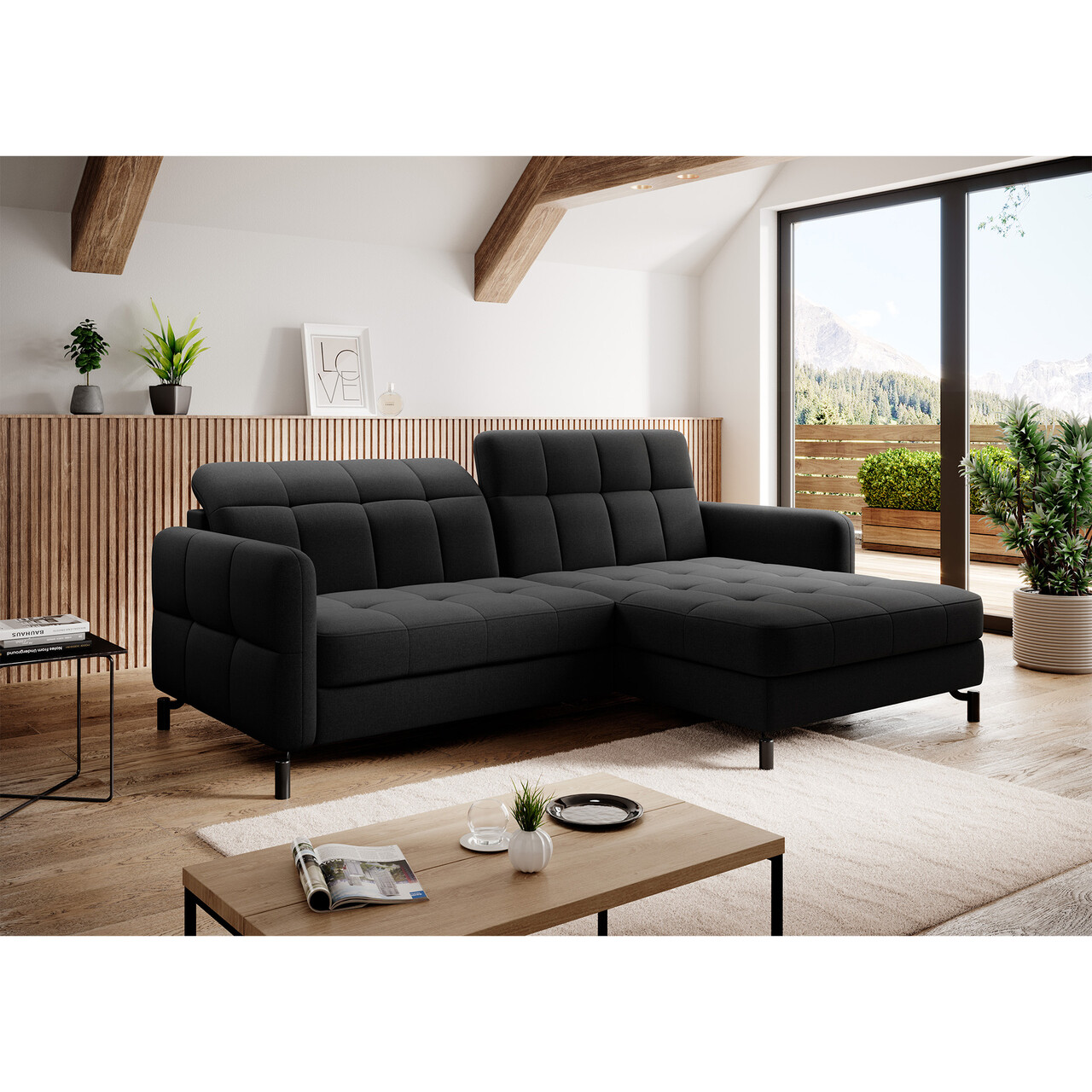 Coltar extensibil dreapta 3 locuri ELTAP, Lore-19, Lorelle, 225x160x105 cm, lemn/poliester, negru