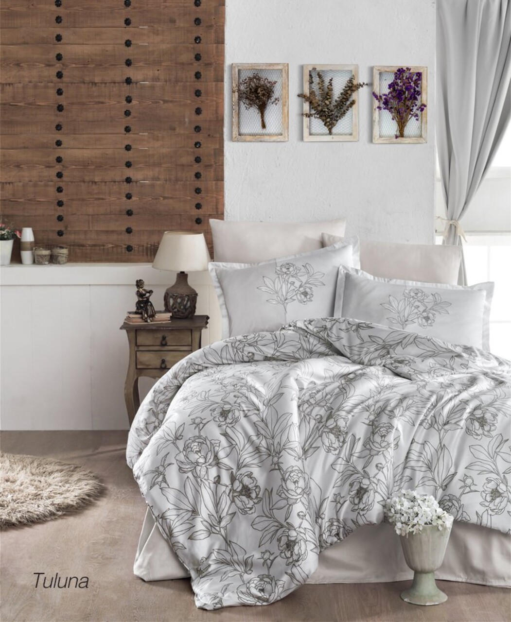 Lenjerie de pat dubla Super King (EU) (IT) 3 piese L'essentiel Maison Tuluna v1 Bumbac Satinat Gri/Alb