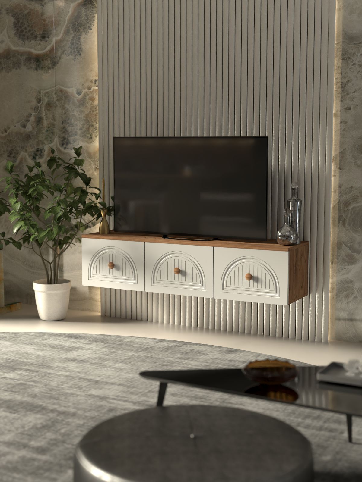 Comoda TV, Hanah Home, Modena 135, 135x32x35 cm, PAL, Pin Atlantic / Alb