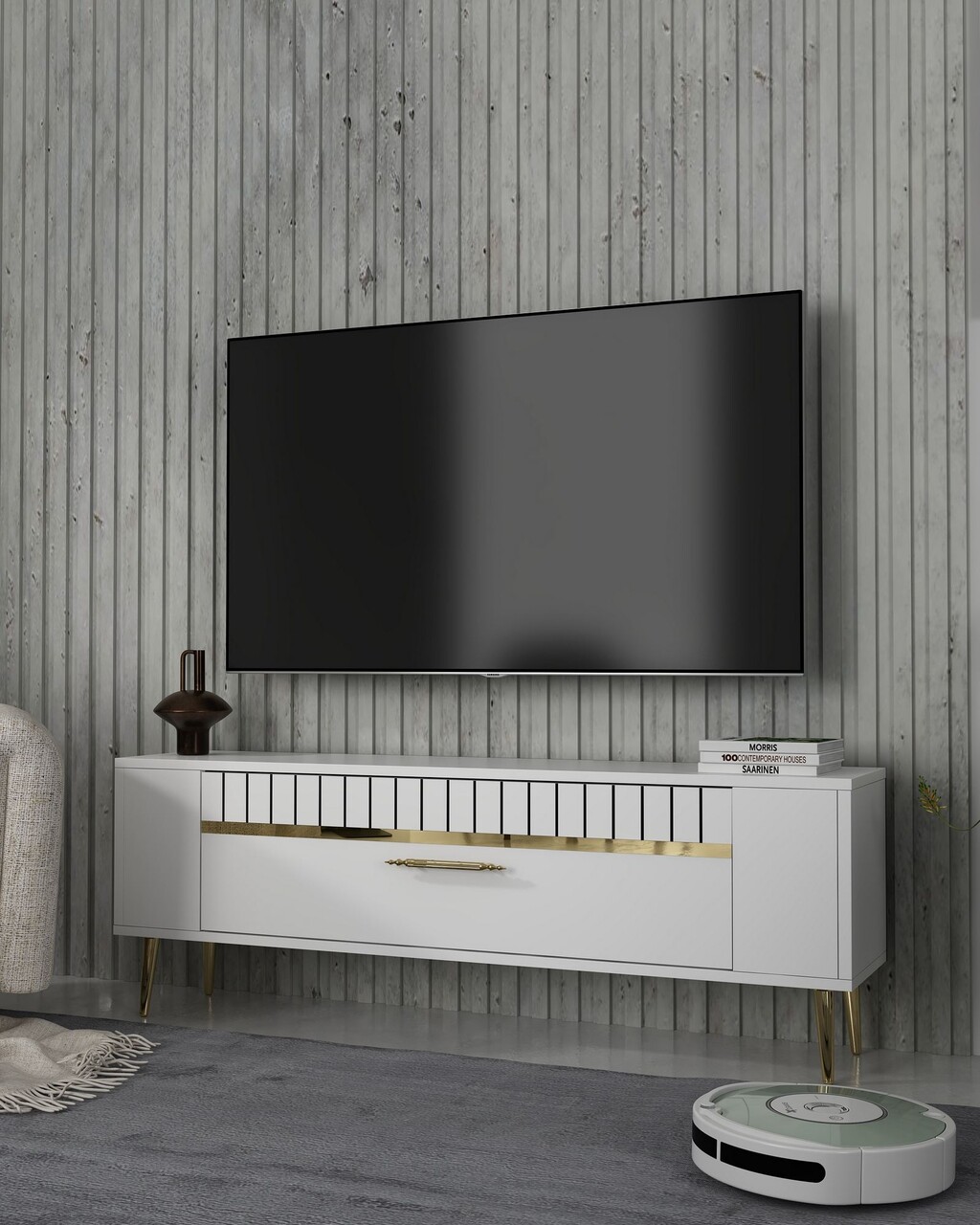 Comoda TV, Olivia, Retrolp1, Alb/Auriu - 1 | YEO