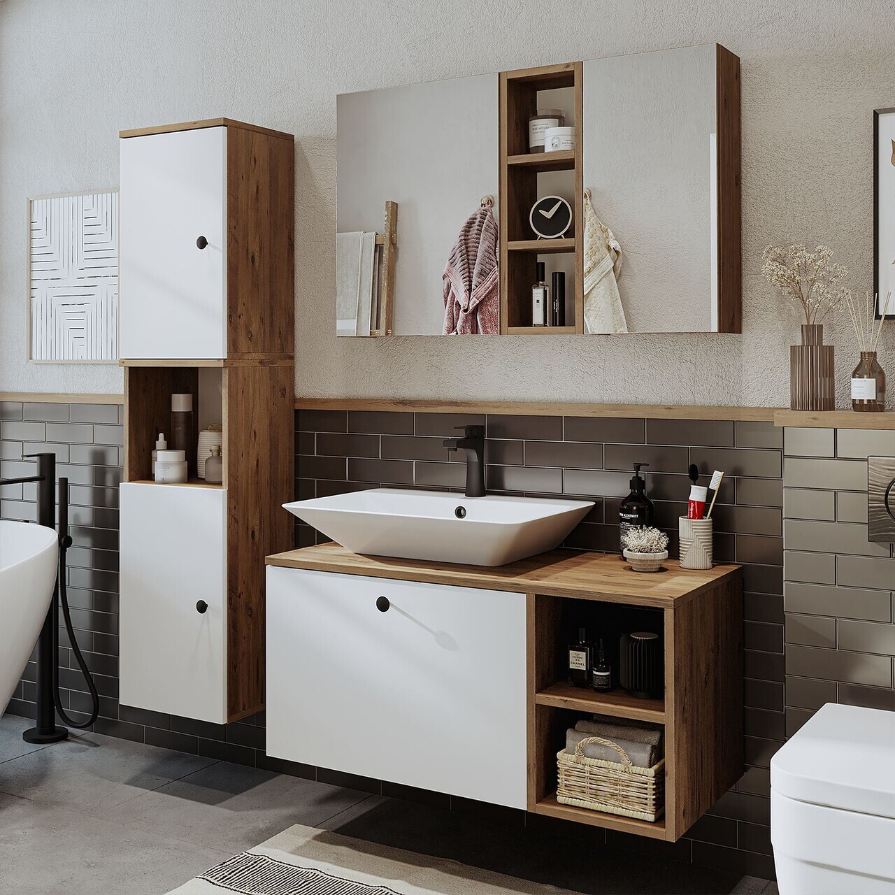 Set Dulap de Baie cu Chiuvetă și Oglindă (3 Piese), Hanah Home, 2481, MDF, Pin Atlantic / Alb