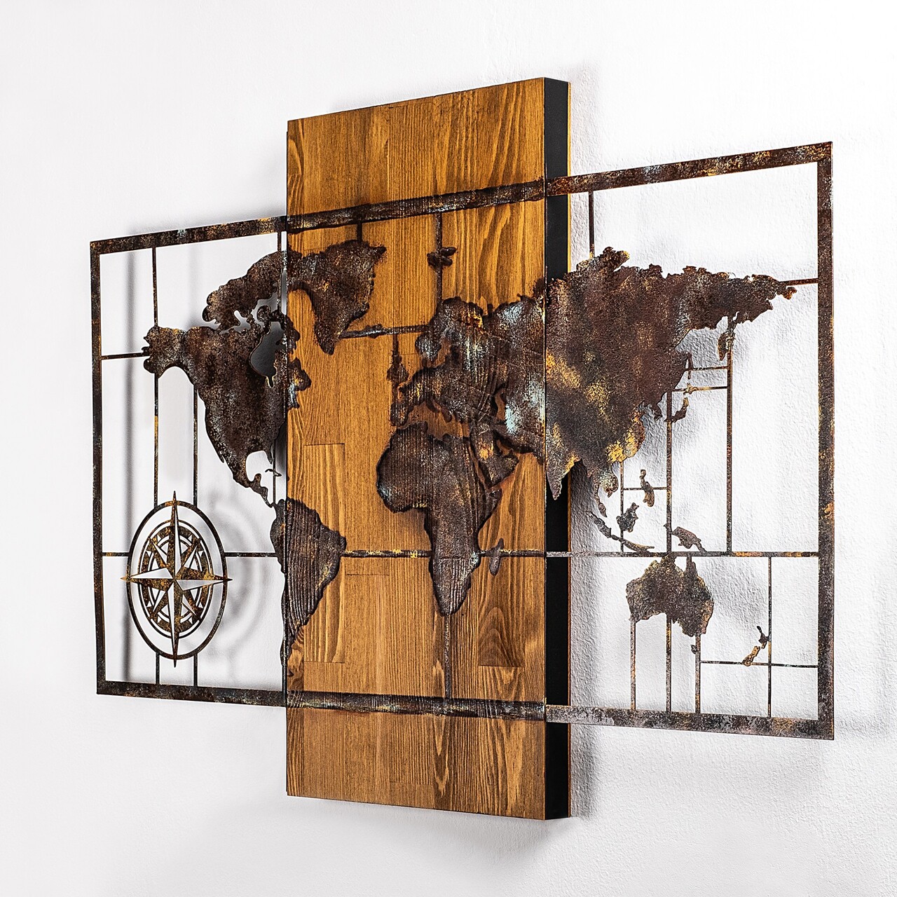 Decoratiune de perete, World Map With Compass 5, Dimensiuni: 58 x 85 cm, Nuc / Maro - view 6