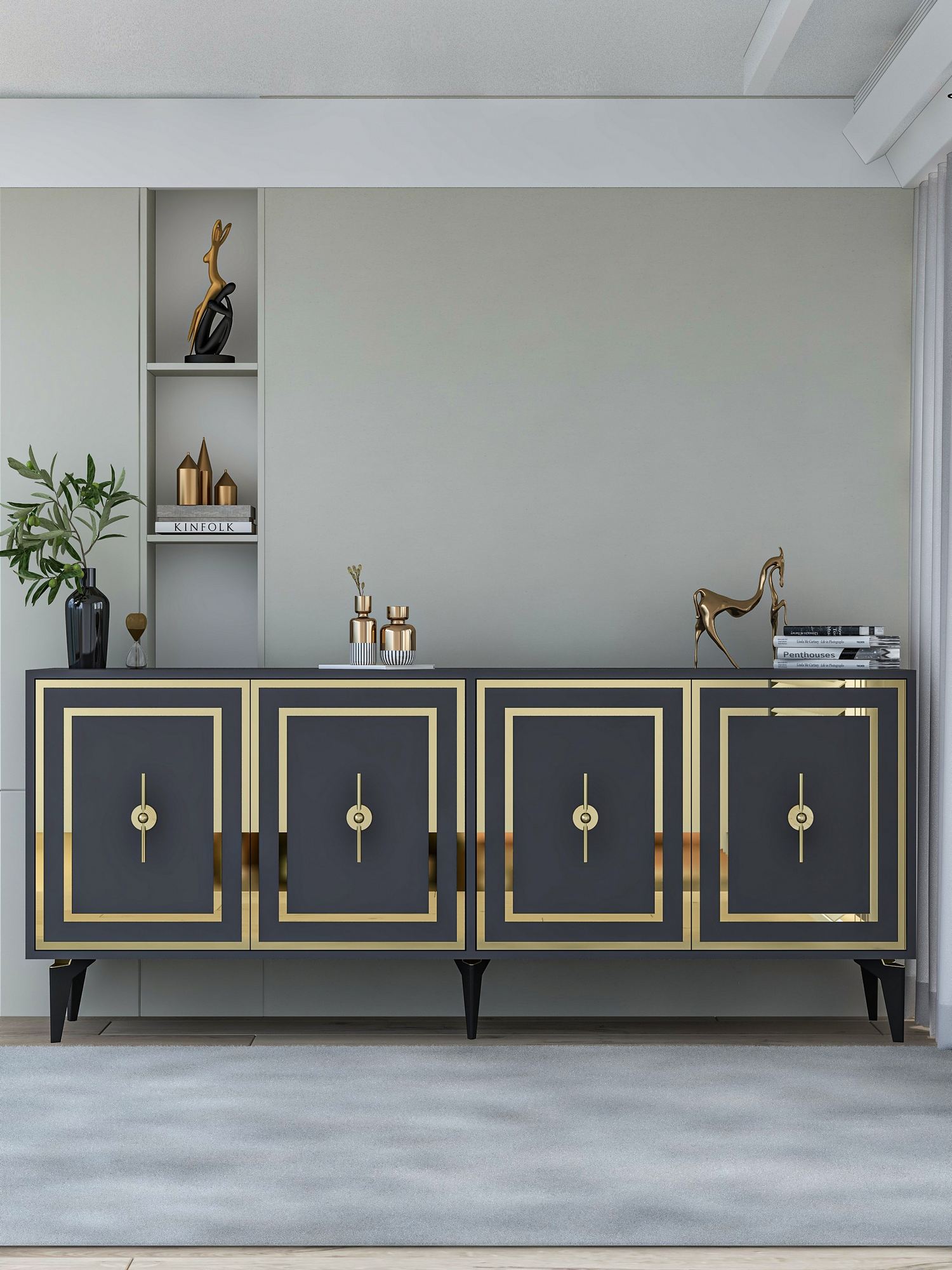 Consola, Hanah Home, Samba, 180x78.6x35 cm, PAL , Antracit / Aur