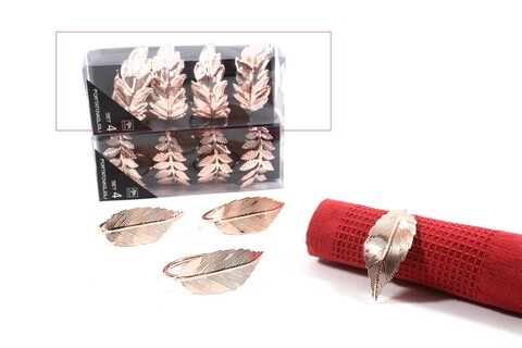 Set 4 inele pentru servetele oak leaf, mercury, Ø4 cm, pvc, roz auriu