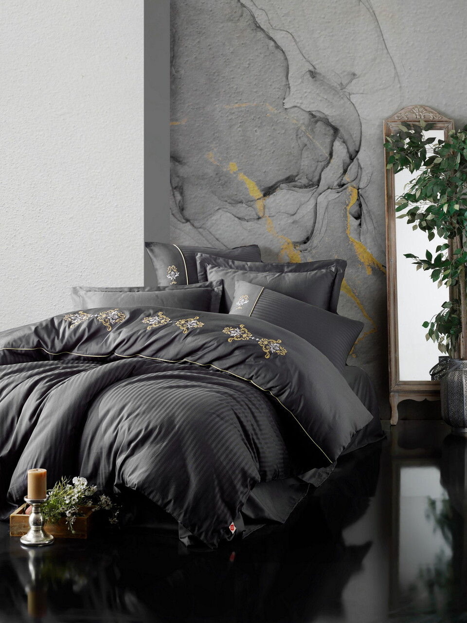 Lenjerie de pat dubla, King - Anthracite, Cotton Box, Bumbac Satinat