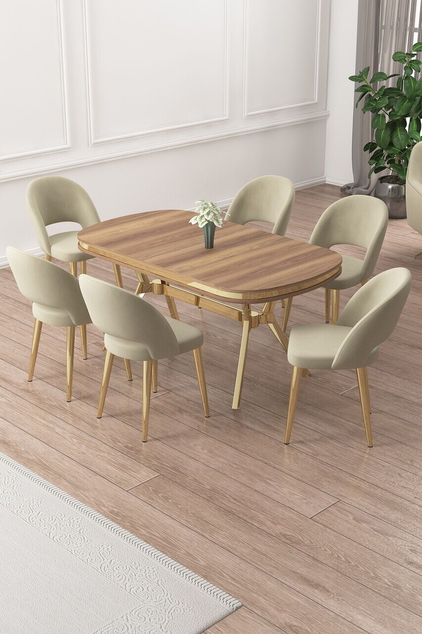 Set masa si scaune (7 piese), Hanah Home, Jita, Hazar / Aur / Cremă