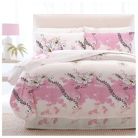 Lenjerie de pat dubla Aster 03, 4 piese, 220 x 230 cm, 100% bumbac, alb/roz
