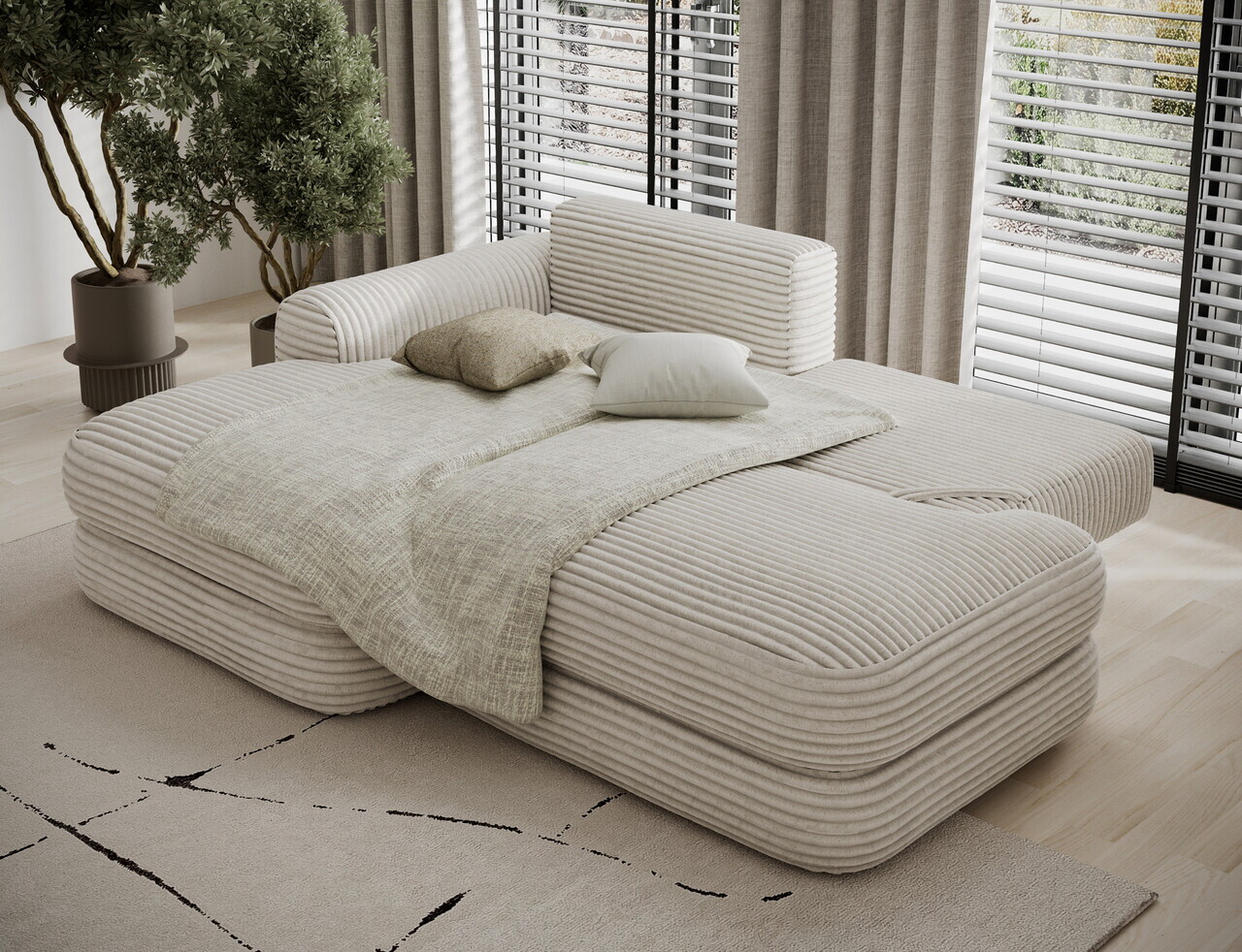 Coltar extensibil stanga 3 locuri ELTAP, Ripeli, 217x175x96 cm, lemn/catifea din poliester, bej deschis — imaginea 6
