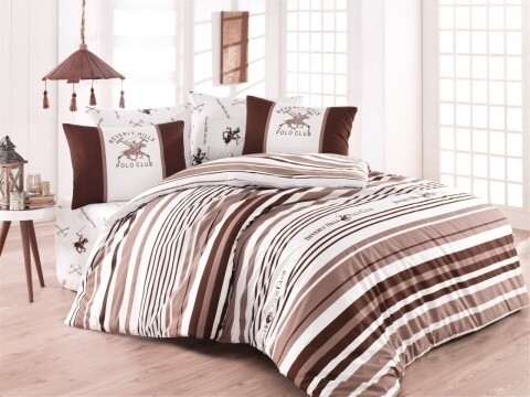 Lenjerie de pat pentru o persoana, Brown Stripes, Beverly Hills Polo Club, 3 piese, 160 x 240 cm, 100% bumbac ranforce, alb/maro /100