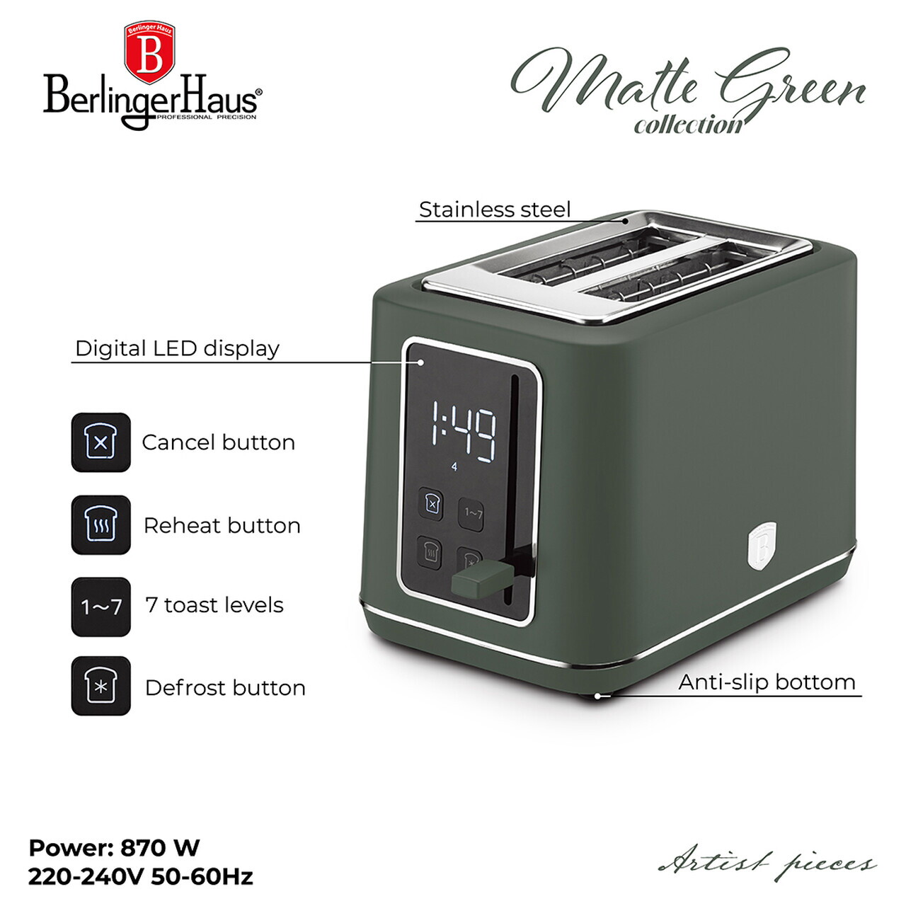 Prajitor de paine digital Berlinger Haus, Matte Green, 27.8x16.6x19.1 cm, inox, verde mat - imagine 10