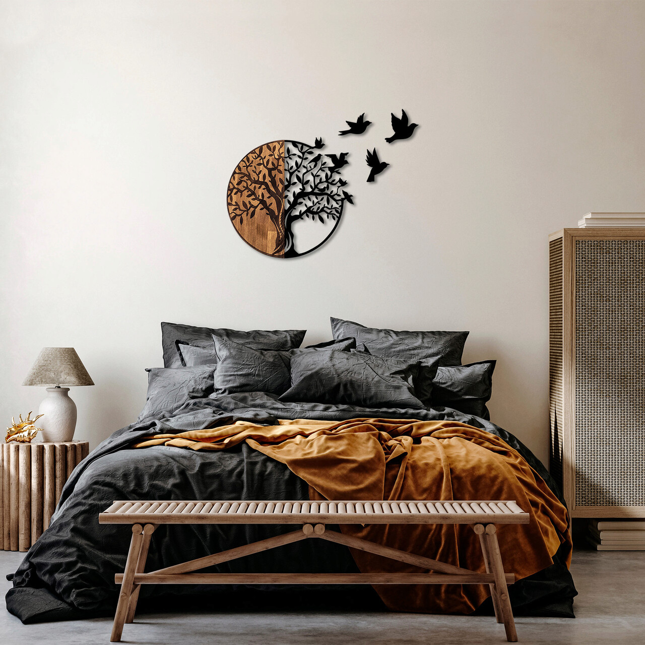 Decoratiune de perete, Tree And Birds, 50% lemn/50% metal, 92 x 3 x 71 cm, Nuc negru - 1 | YEO
