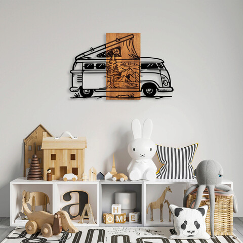 Decoratiune de perete, caravan holiday, lemn/metal, 90 x 58 cm, nuc / negru