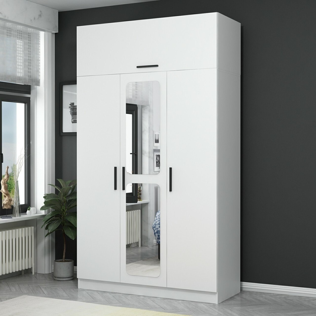 Dulap pentru haine, Minerva, Kale 3 Kapak Aynalı 255, 135x255x52 cm, PAL, Alb - 2 | YEO
