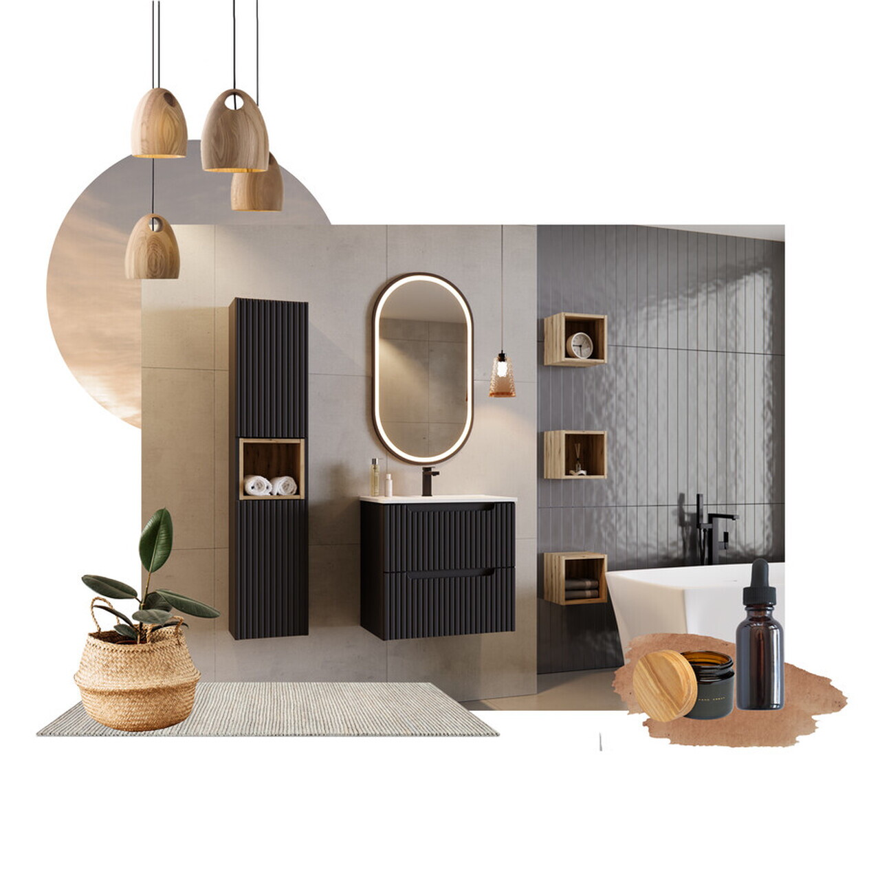 Set mobilier baie Nova Black Beyond 140 cm, dulap inalt si masca dubla cu lavoar, Comad, MDF/PAL, negru/stejar