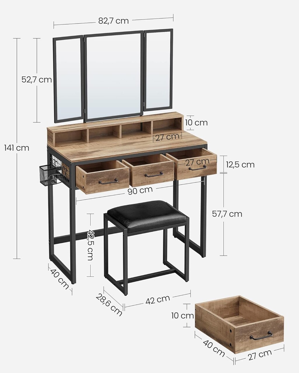 Masa de toaleta cu taburet / Masuta dressing, Vasagle, Industrial, 90x40x141 cm, PAL/otel/piele ecologica, natural