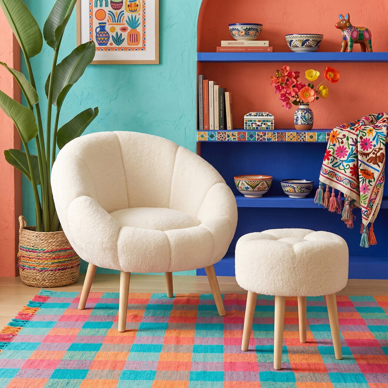 Set fotoliu cu aripioare și puf (2 piese), Atelier del Sofa, 666HAC5104, PAL, Crem — imaginea 5