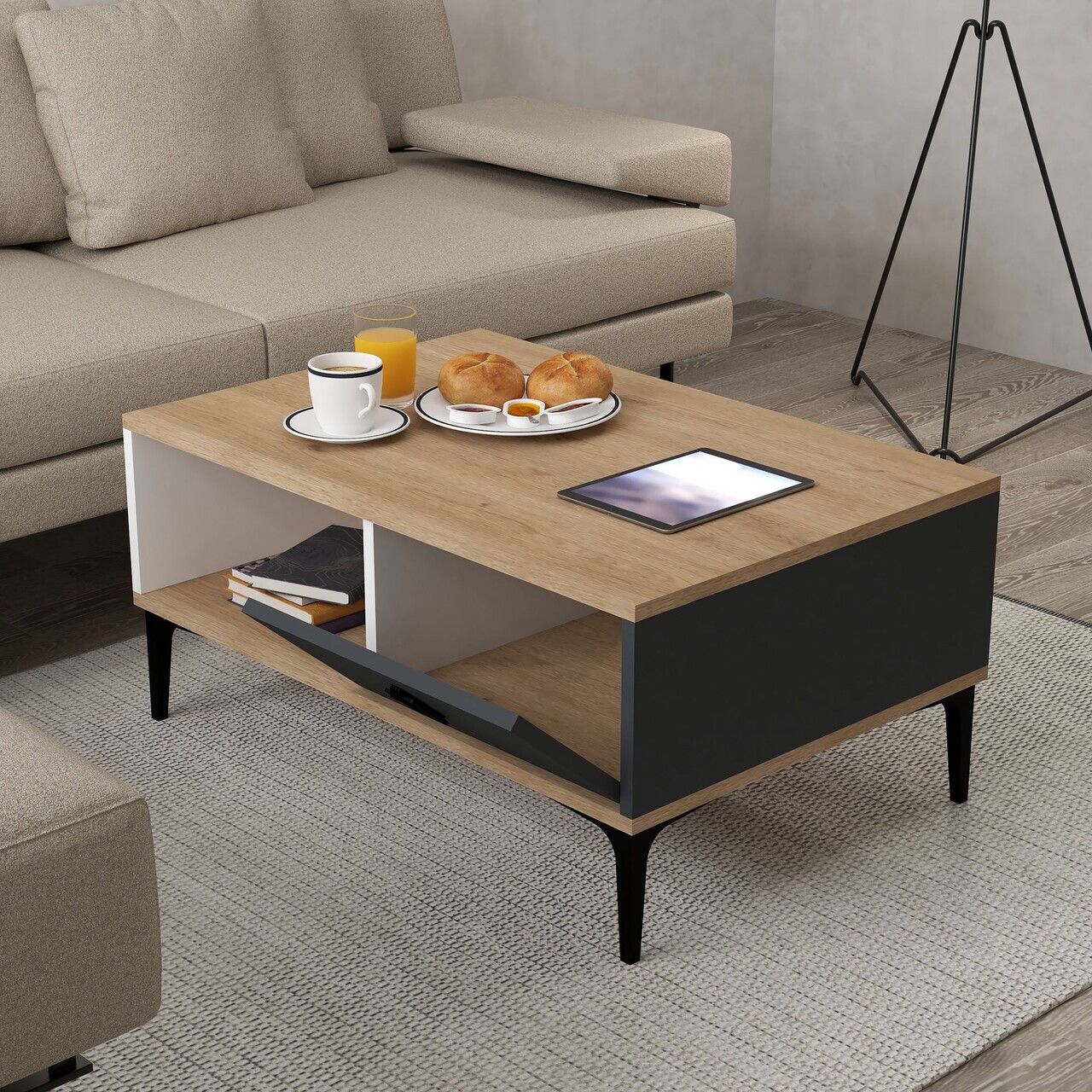 Masuta de cafea, Hanah Home, Sare 2001, 90x41.5x60 cm, PAL, Stejar Safir / Alb / Antracit — imaginea 2