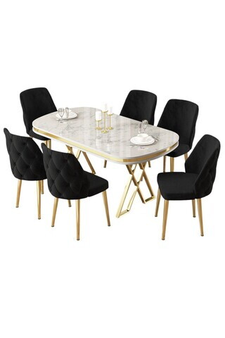 Set masa si scaune (7 piese), Hanah Home, Afe, Model de marmură albă / Auriu / Negru