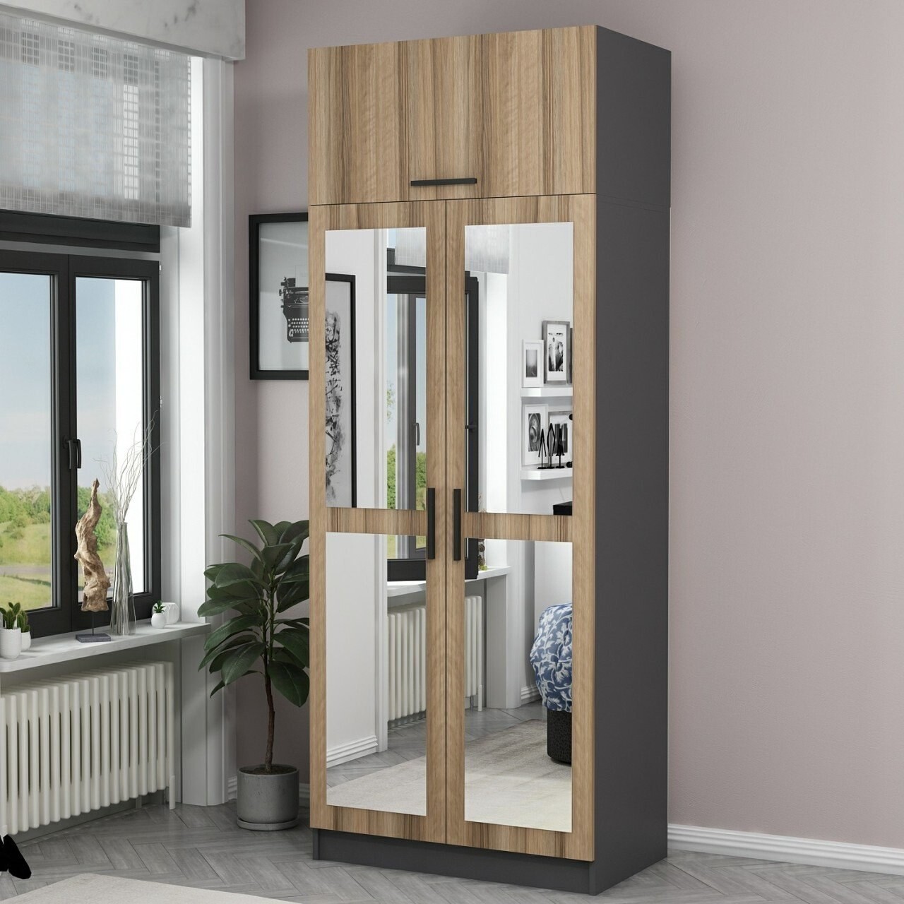 Dulap pentru haine, Minerva, Kale Oak, 90x255x52 cm, PAL, Stejar - 1 | YEO