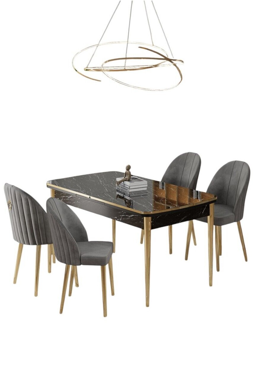Set masa extensibila si scaune (5 piese), Hanah Home, Rada, Model de marmură neagră / Auriu / Gri — imaginea 2