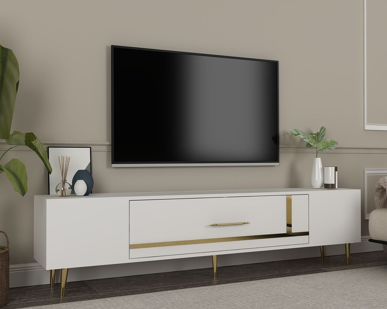 Comoda TV, Olivia, Dekop1, Alb/Auriu - 1 | YEO