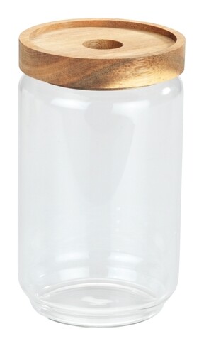 Recipient depozitare cu capac, wenko, vido, 0.7 l, 9 x 15.5 x 9 cm, sticla/lemn