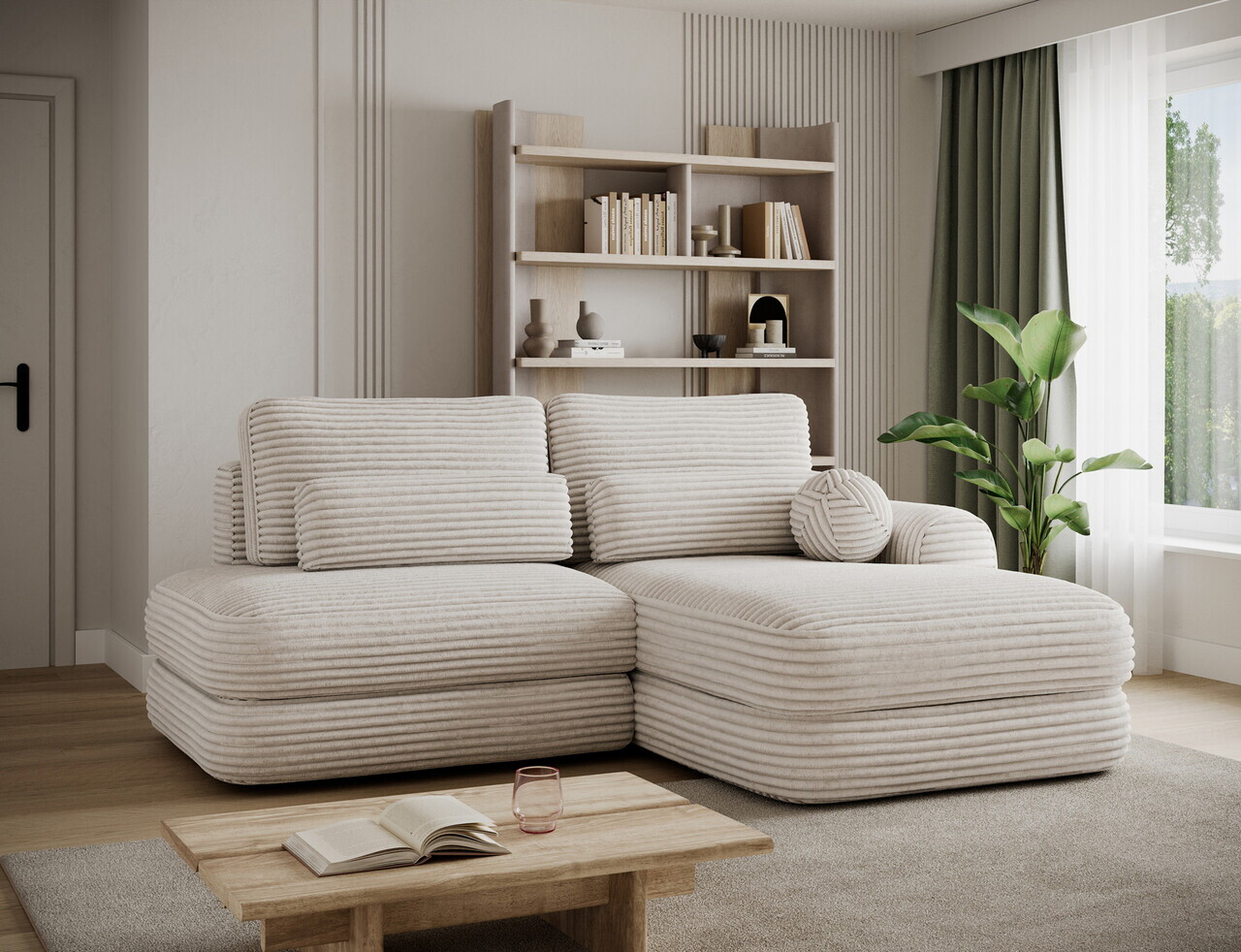 Coltar extensibil dreapta 3 locuri ELTAP, Ripeli, 217x175x96 cm, lemn/catifea din poliester, bej deschis — imaginea 2