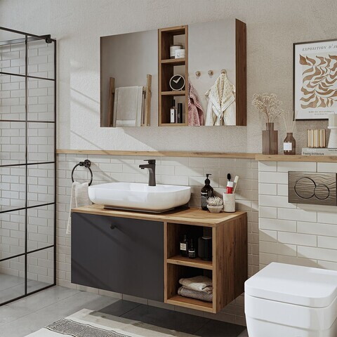 Set Dulap de Baie cu Chiuvetă și Oglindă (2 Piese), Hanah Home, 2518, MDF, Pin Atlantic / Antracit