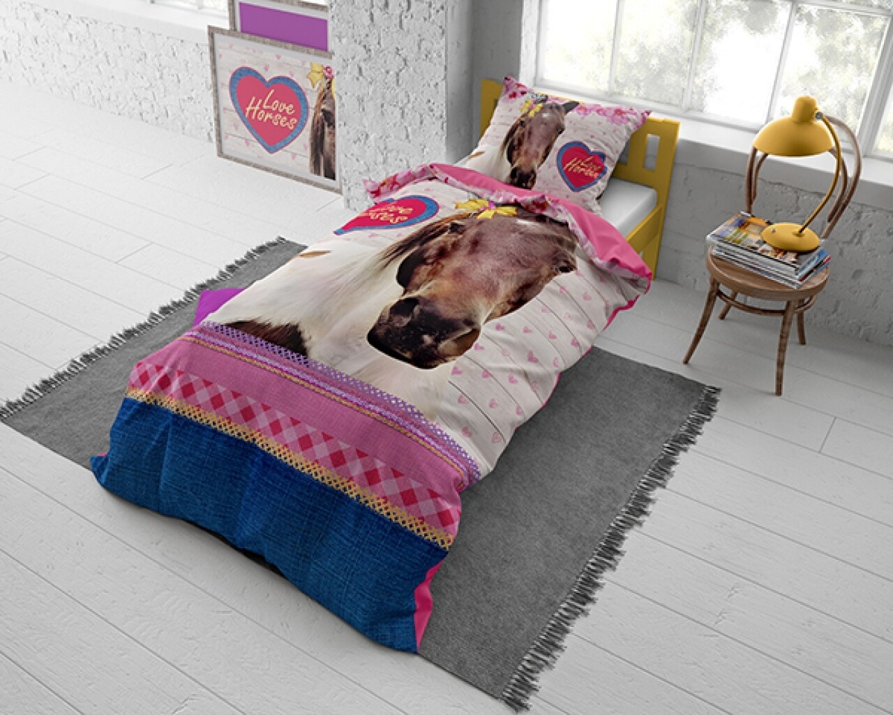 Lenjerie De Pat Pentru O Persoana, Love Horse Pink, Dreamhouse, 2 Piese, 100% Bumbac, Multicolora