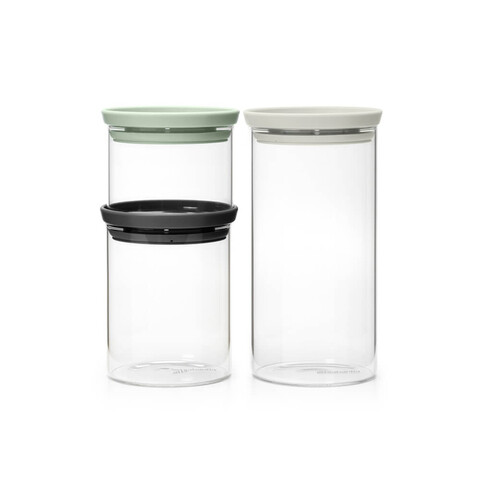 Set 3 recipiente depozitare, Brabantia, Stackable, 300 ml, 600 ml, 1.1 L, sticla borosilicata, gri inchis