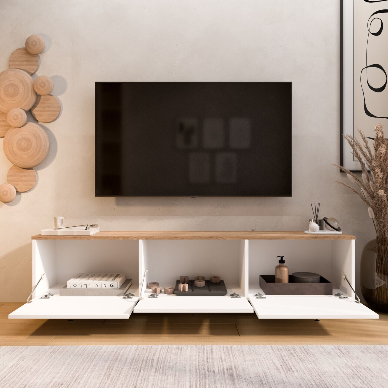 Comoda TV, Hanah Home, Nord, 180x45.6x32 cm, PAL, Alb / Stejar — imaginea 2