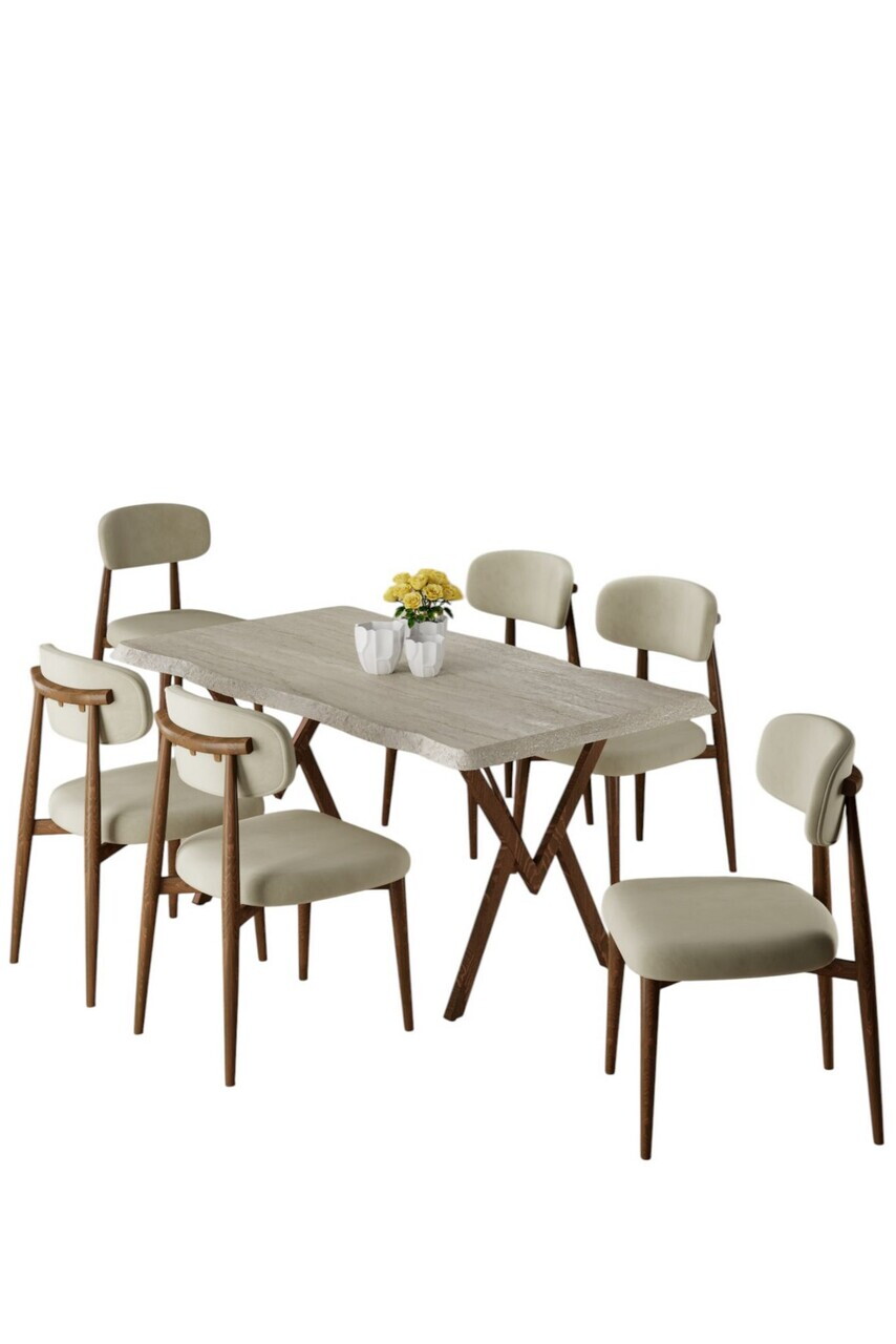 Set masa si scaune (7 piese), Hanah Home, Zerra, Travertin / Aspect de lemn / Crem — imaginea 2