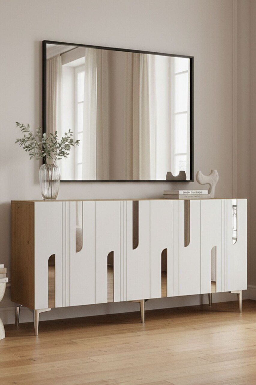Consola, Hanah Home, Nota 150, 150x75x32 cm, Stejar Safir / Alb / Argintiu