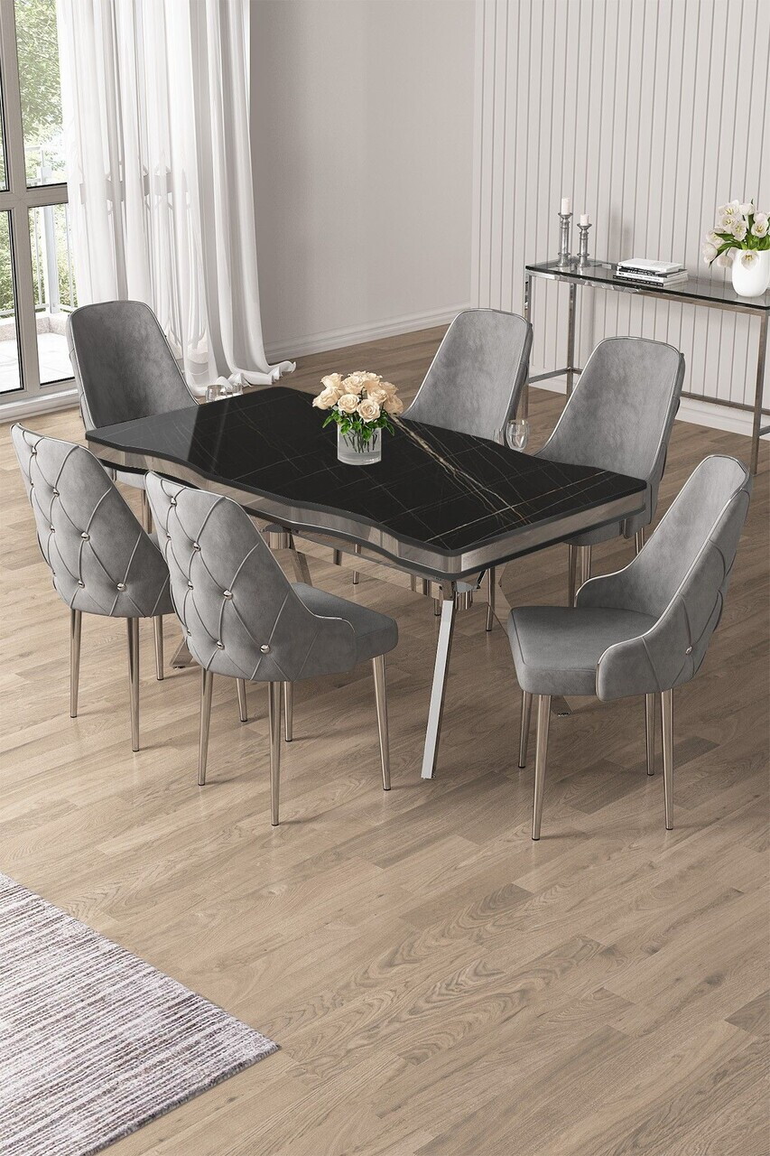 Set masa si scaune (7 piese), Hanah Home, Vae, Sonata / Crom / Gri